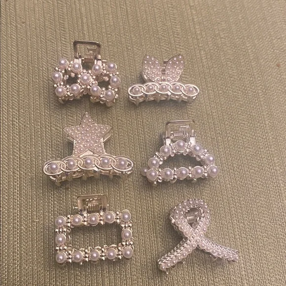 Set of 6 faux Pearl-Accent Mini Hair Clip Set - Silvertone NWOT - Picture 2 of 2